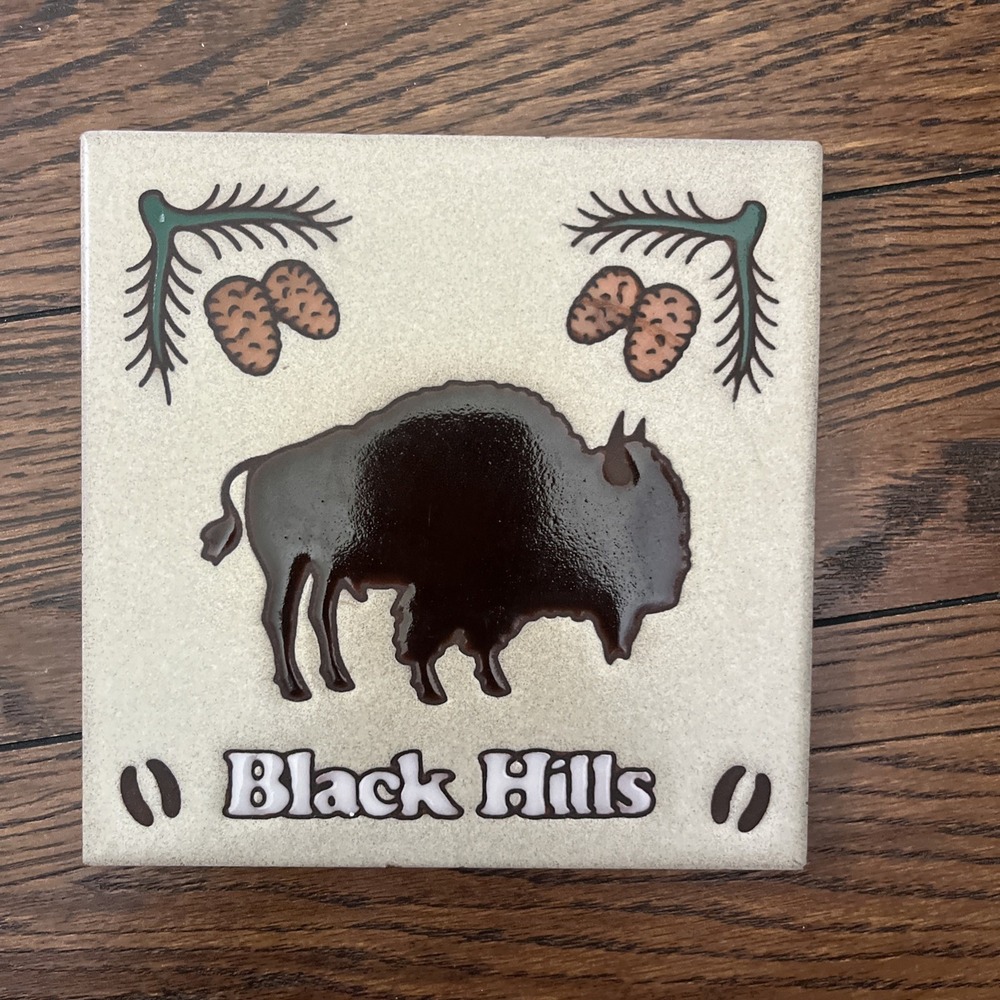 Mighty Buffalo Bison Masterworks Trivet Black Hill Ceramic Art Tile 6" Pinecones